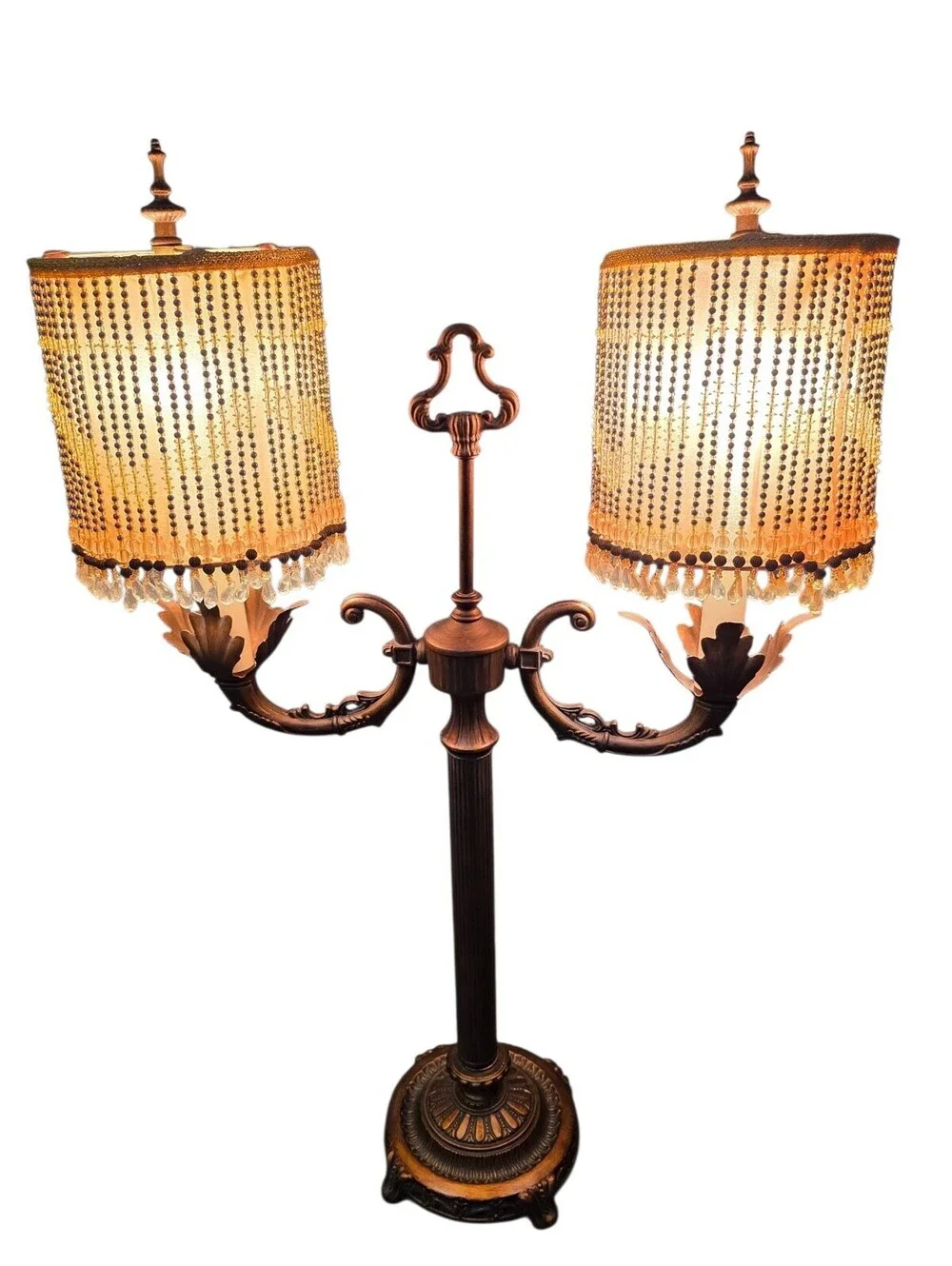 Vintage 90s Double-Arm Table Lamp with Beaded Fringe Shades 30